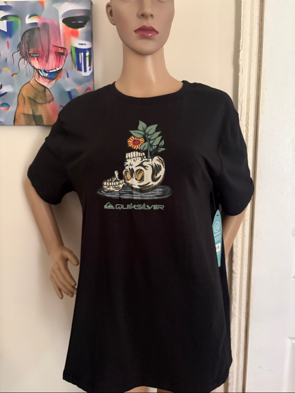 Quiksilver Black Short-Sleeve Tee with Skull & Floral Graphic